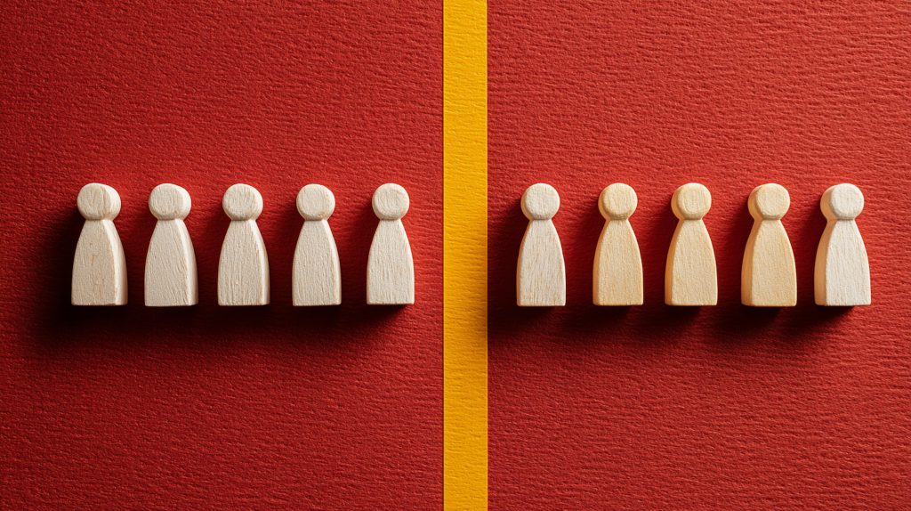 Wooden figures separated by a yellow line representing a divided church body or community after a vote