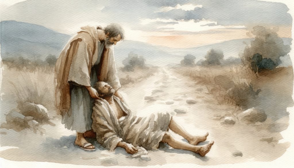 A watercolor illustration of the Good Samaritan kneeling down on a dusty road to care for and bind the wounds of an injured traveler.